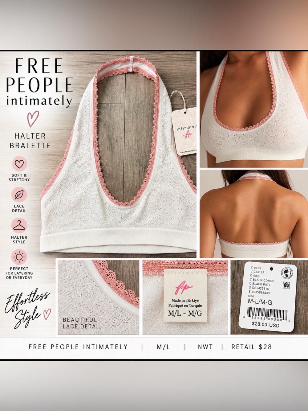 Free People Intimately White Pink Lace Halter Bralette M/L NWT
